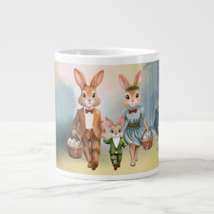 Taza De Café Gigante Conejo de Pascua Familia Cazando Huevos - Acuarela