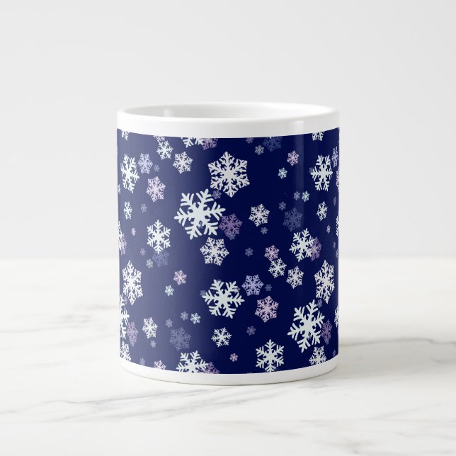 Taza De Café Gigante Copos de nieve azules y blancos en suelo azul oscu (Frente)
