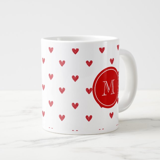 Taza De Café Gigante Corazones rojos del purpurina con el monograma (Derecha)