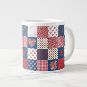 Taza De Café Gigante Corazones y Rosas Faux Patchwork Jumbo Coffee Mug