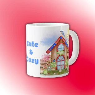 Taza De Café Gigante Cottagecore Cosmo y Cuto colorido sobre blanco