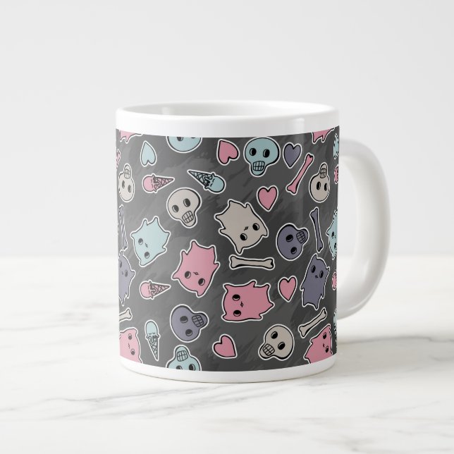 Taza De Café Gigante Cráneos, y corazones en fondo negro (Derecha)