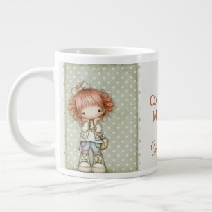 Taza De Café Gigante Crema Verde Salvia Llamarada Roja Lunares Capricho