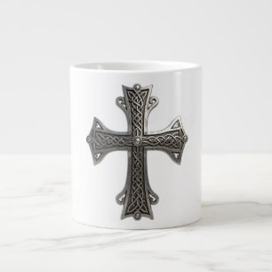 Taza De Café Gigante Cruz de plata celta ornamentada con intrincado mot
