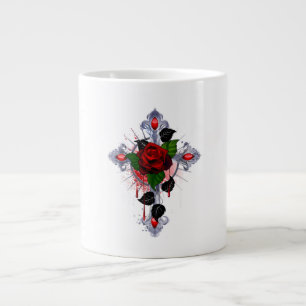 Taza De Café Gigante Cruz de Plata con una Rosa Roja