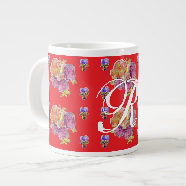 Taza De Café Gigante Cruz Roja Shabby Chic Patrón Rosa Floral Inicial (Izquierda)