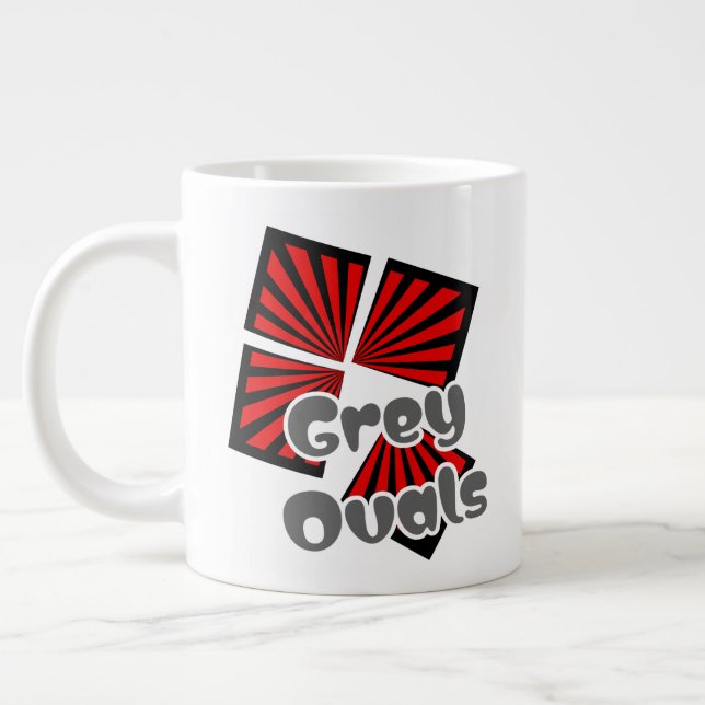 Taza De Café Gigante Cuadrados rojos con vigas y óvalos grises Texto (Izquierda)