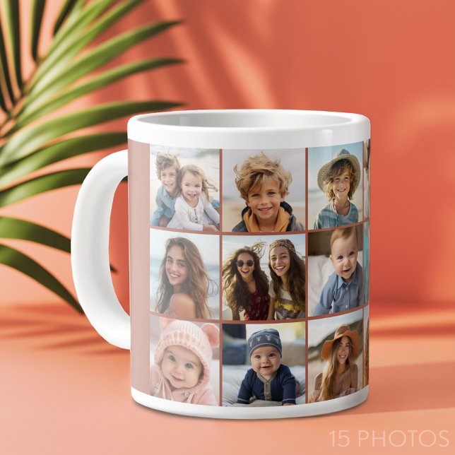 Taza De Café Gigante Cuadrícula de 15 Collages de fotos - terracota (Custom Photo Collage Mug)