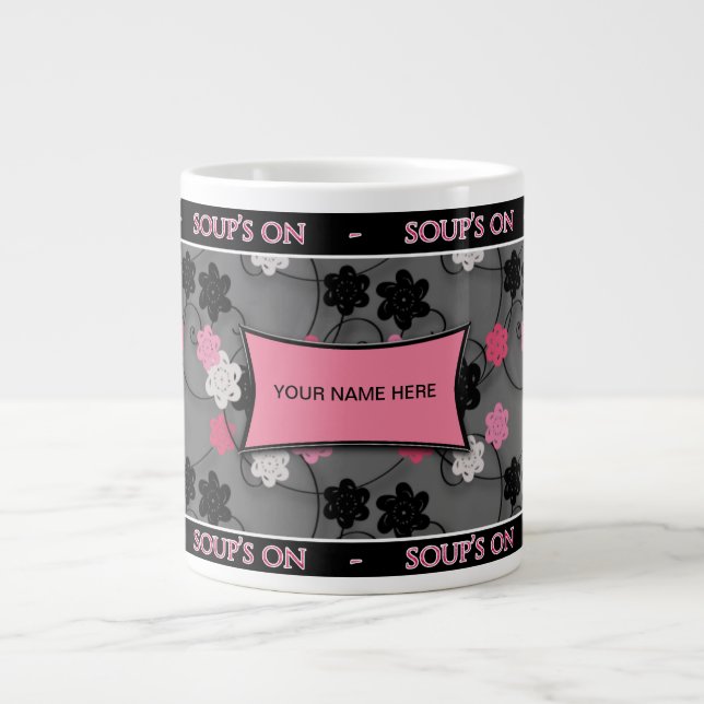 Taza De Café Gigante Cuenco para sopa JUMBO - ROSA/NEGRO/PLATA (Frente)