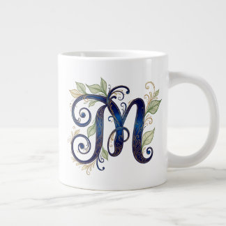 Taza De Café Gigante Cursive M – Elegant Blue & Gold Monogram