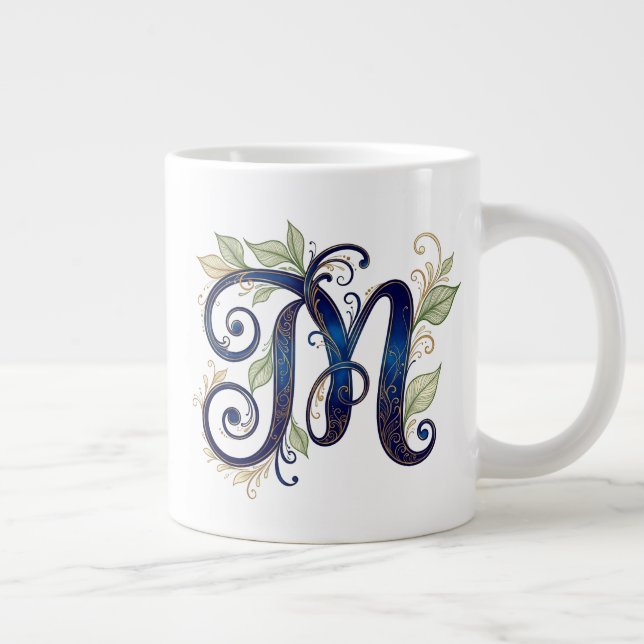 Taza De Café Gigante Cursive M – Elegant Blue & Gold Monogram (Derecha)