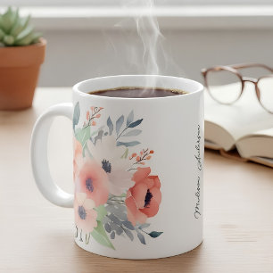 Taza De Café Gigante Custom Name Watercolor Floral Anemone
