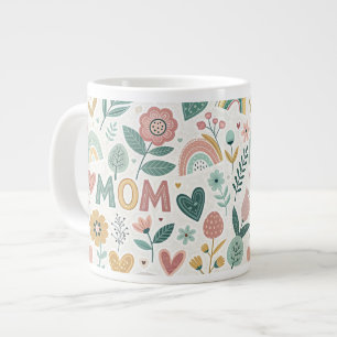 Taza De Café Gigante Cute Aesthetic Folk Art Flowers & Hearts MOM