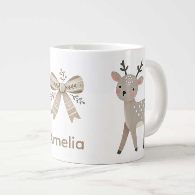 Taza De Café Gigante Cute Reindeer & Bow Drawing Christmas Name (Derecha)