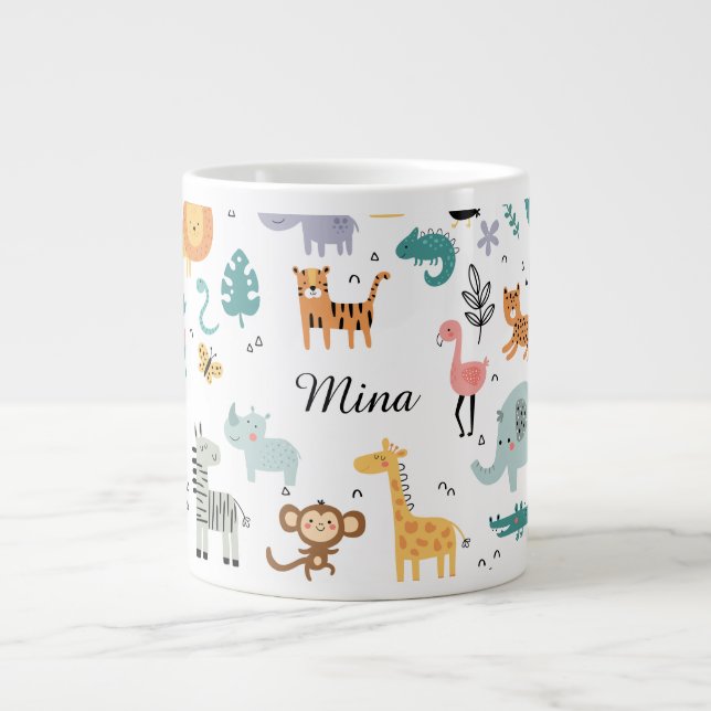 Taza De Café Gigante Cute Safari Jungle Animals Personalized Baby Name (Frente)