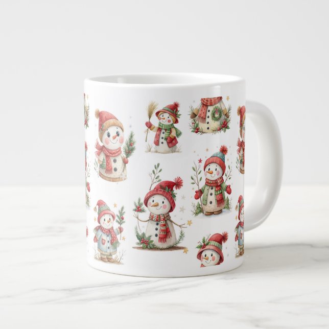 Taza De Café Gigante Cute snowmen with Santa hats and holly (Derecha)