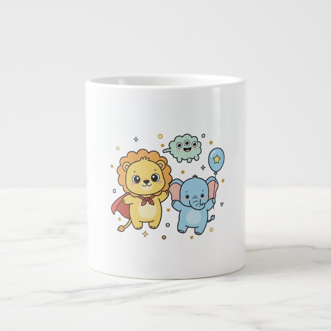 Taza De Café Gigante Cute Superhero Lion and Elephant Friends Cartoon (Frente)