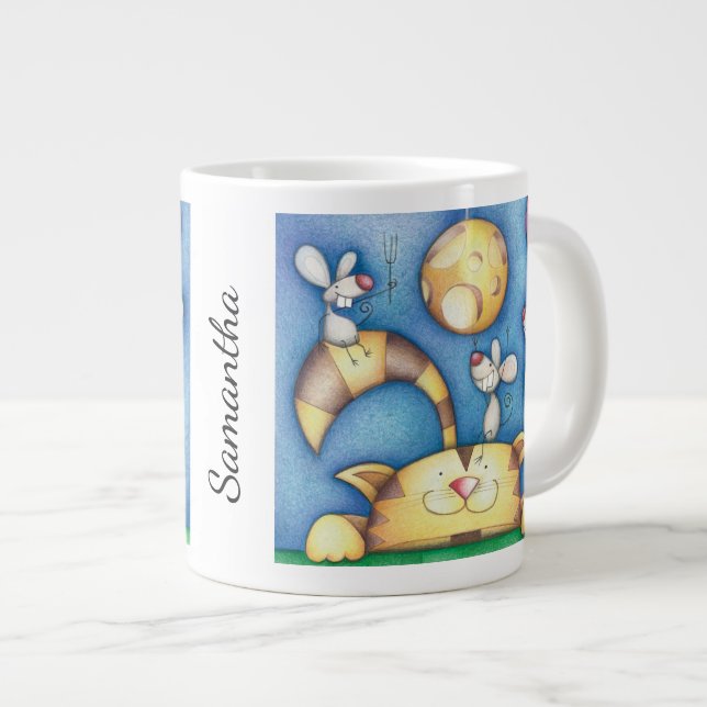 Taza De Café Gigante Cute Whimsical Cat and Mouse Moon Art Personalised (Derecha)