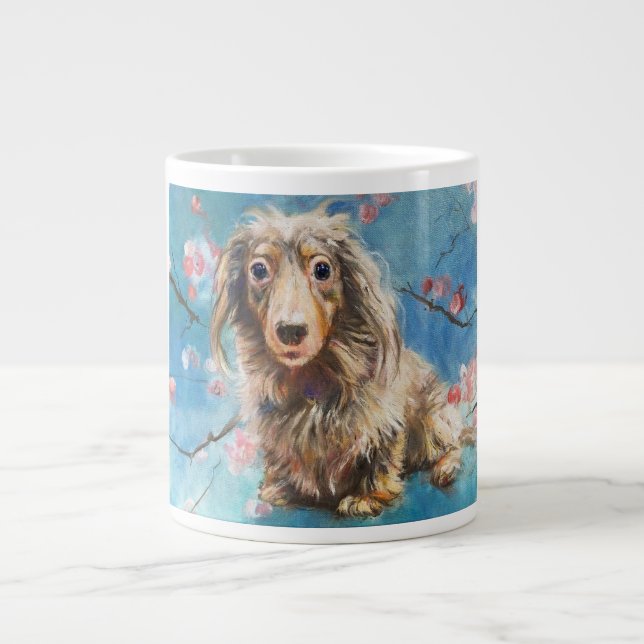 Taza De Café Gigante Dachshund, de larga data, en flores de cerezo (Frente)