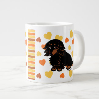 Taza De Café Gigante Dachshund de pelo largo 3 del negro y del moreno