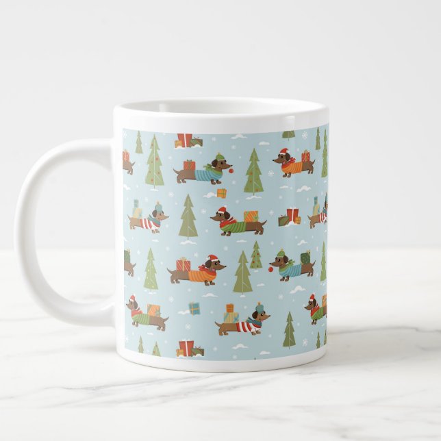 Taza De Café Gigante Dachshunds festivos en el patrón de la nieve (Izquierda)