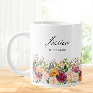 Taza De Café Gigante Dama de honor de rosa de acuarela de monograma ele