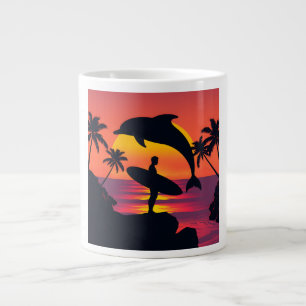 Taza De Café Gigante Delfín atardecer y café de playa tropical surfista