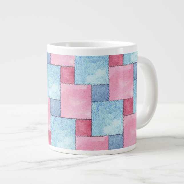 Taza De Café Gigante Denim Patchwork Jumbo Mug, Pinks, Blues (Derecha)