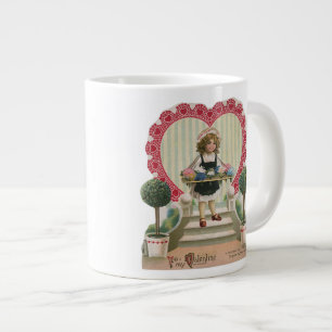 Taza De Café Gigante Día de San Valentín Antiguo y Bonito, Niña con Flo