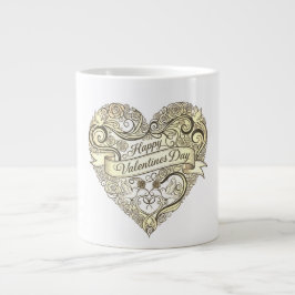 Taza De Café Gigante Día de San Valentín Corazón Floral Dorado Vintage