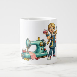 Taza De Café Gigante Dibujo animado de niña cosiendo con máquina vintag
