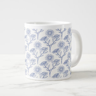 Taza De Café Gigante Dibujo de girasoles al contorno con tinta azul