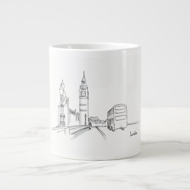 Taza De Café Gigante Dibujo de Londres Simple Blanco y Negro (Frente)