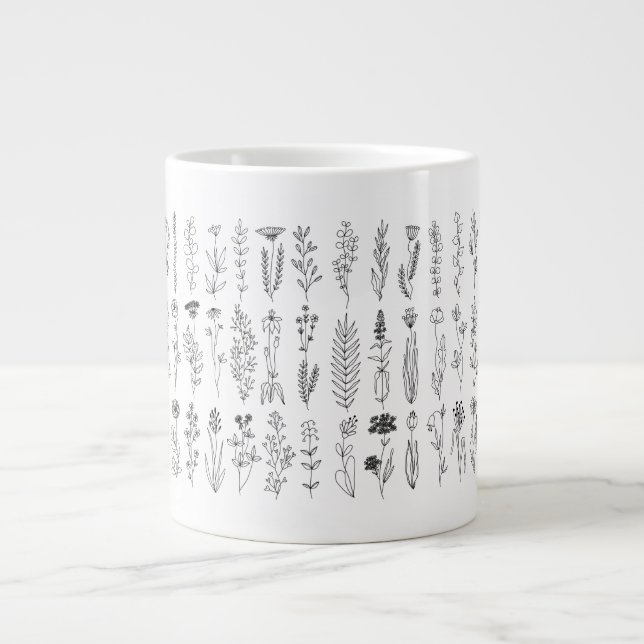 Taza De Café Gigante Dibujo De Tintas De Flores Y Hierbas (Frente)