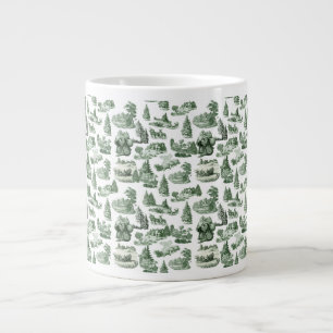 Taza De Café Gigante Diseño de Toile Verde Temático de Pueblo Navideño