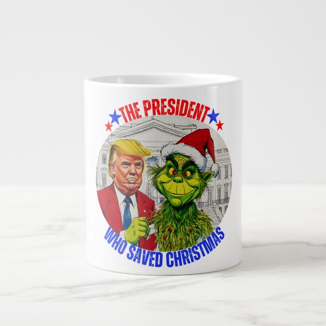 TAZA DE CAFÉ GIGANTE DONALD TRUMP - EL PRESIDENTE QUE SALVÓ NAVIDADES (Frente)