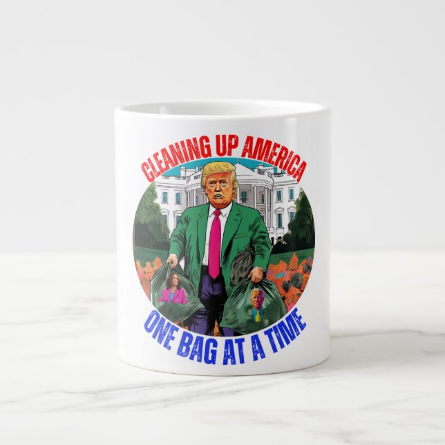 TAZA DE CAFÉ GIGANTE DONALD TRUMP LIMPIANDO A ESTADOS UNIDOS UNA BOLSA  (Frente)