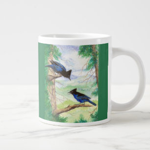 Taza De Café Gigante Dos pájaros arrendajos estelares de acuarela árbol