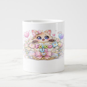Taza De Café Gigante Dulce Kawaii Síguenos Gato Pastel Rosa Redes Socia