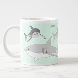 Taza De Café Gigante El animado Ilustracion verde de los tiburones oceá