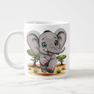 Taza De Café Gigante El bebé elefante salta feliz en la sabana africana