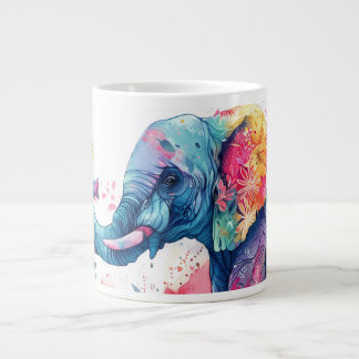Taza De Café Gigante Elefante acuarela con flores.