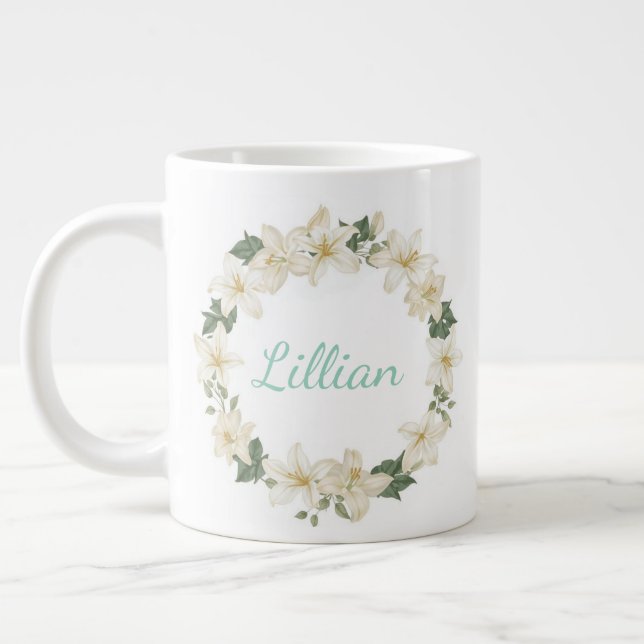 Taza De Café Gigante Elegant Monogram Botanical Lily Design   (Izquierda)
