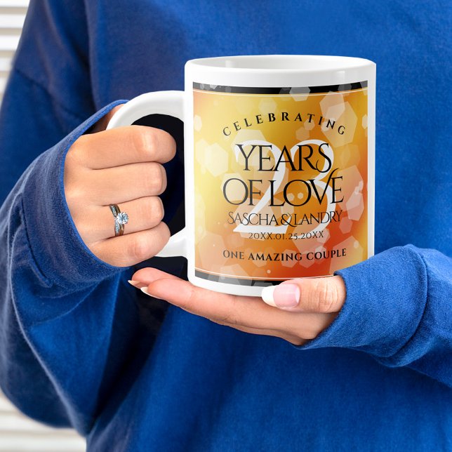 Taza De Café Gigante Elegante 23° Aniversario del Boda Imperial Topaz (23rd wedding anniversary giant mug held by woman sporting a wedding ring and blue sweater.)