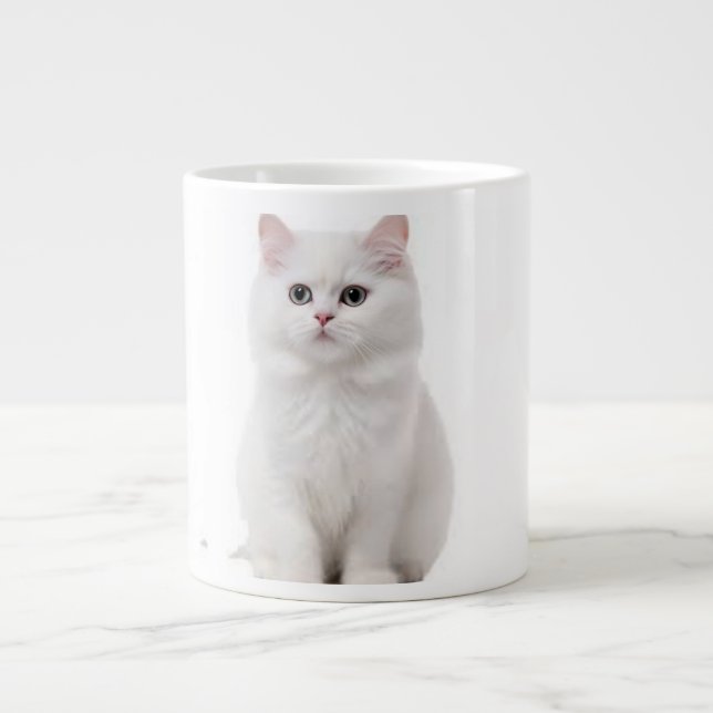 Taza De Café Gigante Elegante alfombra cerámica de gato blanco (Frente)