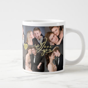 Taza De Café Gigante Elegante Collage de Fotos con Caligrafía Te Amo en