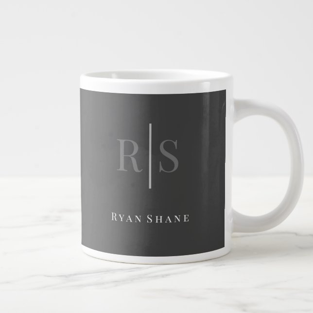 Taza De Café Gigante Elegante DIY Gris Monograma y nombre blanco, gris  (Derecha)