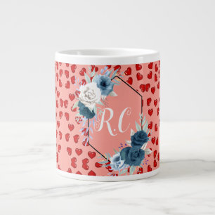 Taza De Café Gigante Elegante Floral Azul Polvoriento y Corazones Rojos
