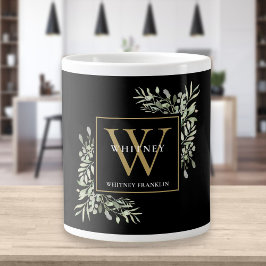 Taza De Café Gigante Elegante monograma moderno de verde dorado negro
