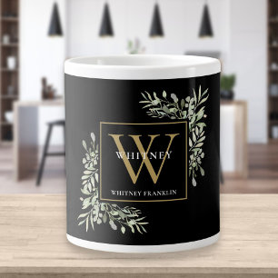 Taza De Café Gigante Elegante monograma moderno de verde dorado negro